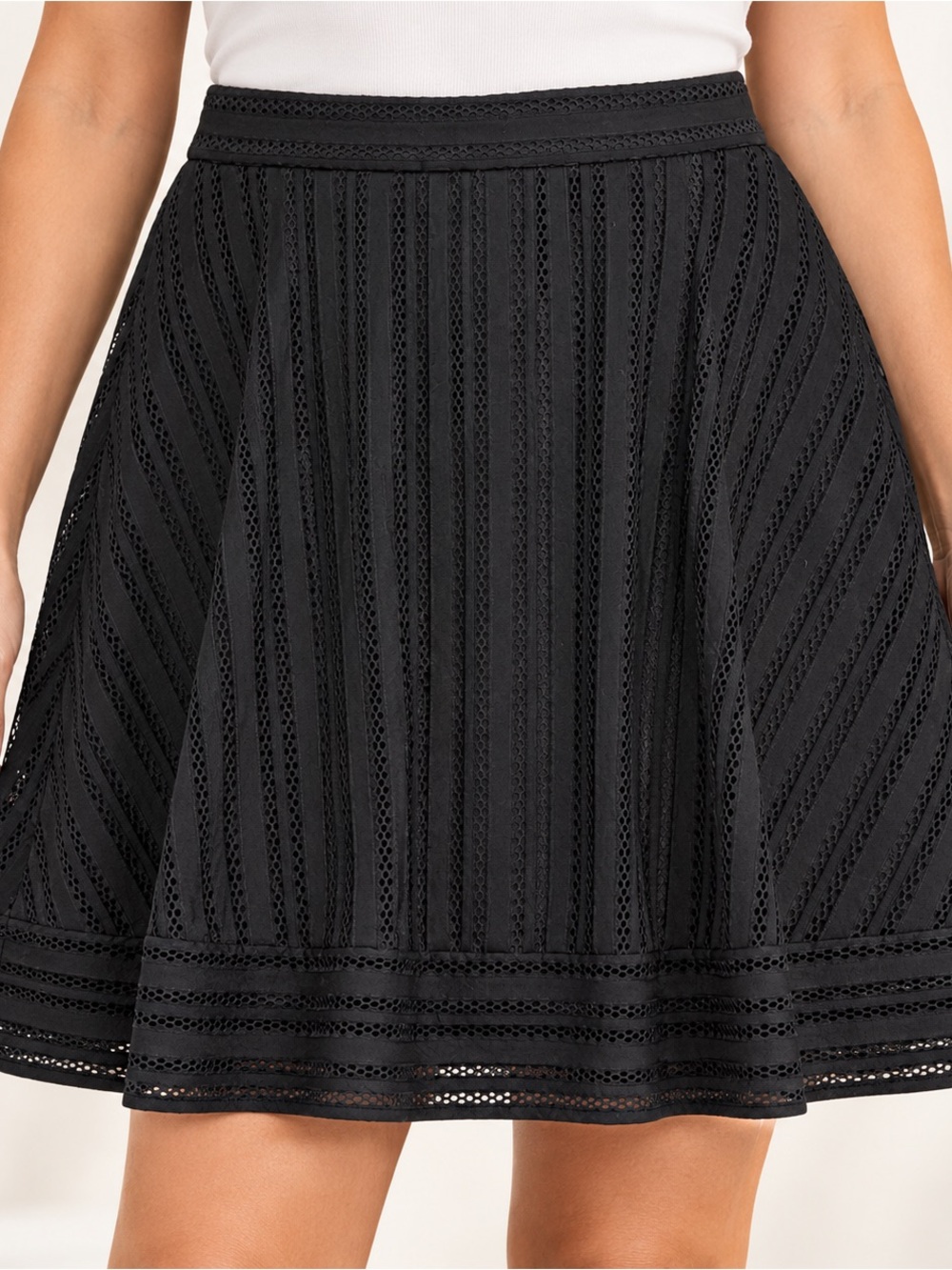 J Crew Skirt 10 Black Eyelet Lace Striped A Line Fit Flare Pleated Party 21”